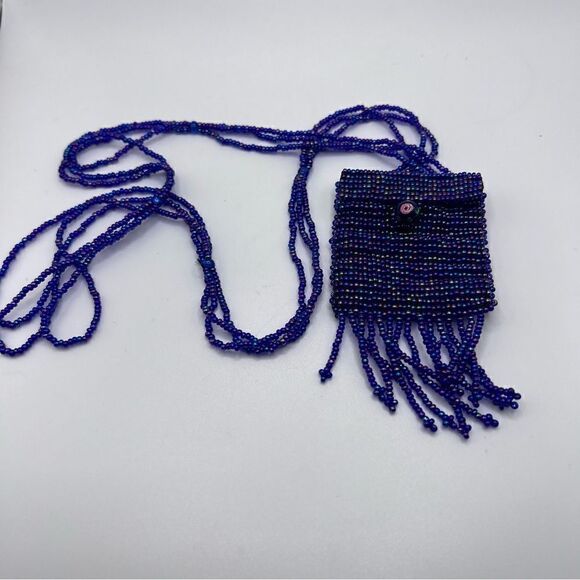 Jewelry - Vintage Purple Color Beaded Amulet Pouch Necklace with Rose Glass Bead
